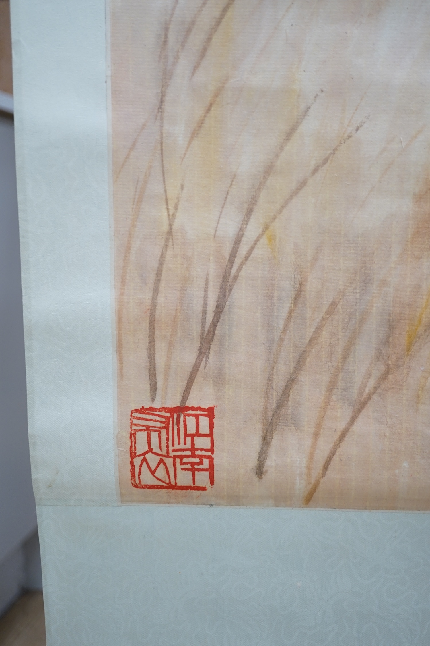A Chinese scroll painting of a falcon, 163cm long. Condition - good